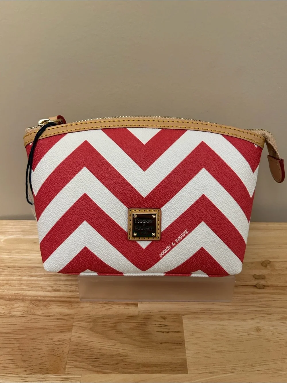 Dooney & Bourke Red and White Chevron Pouch with Tan Trim